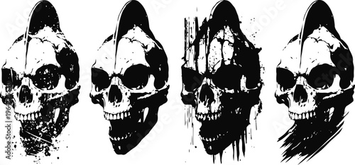 grungy skull illustrations in black and white with distressed and splattered paint effects