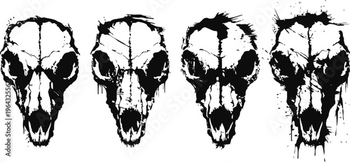 grunge animal skulls collection black ink splatter designs on white background dark gothic art
