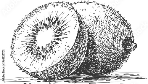 Hand drawn kiwi fruit illustration whole and sliced tropical fruit with detailed texture and seeds