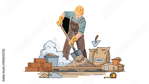 Construction Worker: A skilled construction worker diligently shovels material at a construction site, surrounded by tools and supplies essential for the job. 