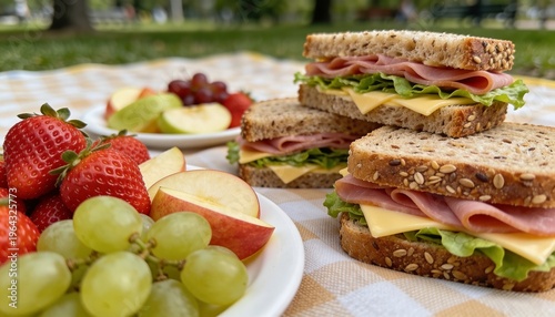 Picnic in the park with ham and cheese sandwiches and fresh fruit. Healthy outdoor lunch on a yellow checkered blanket. Strawberries, grapes, and apples on plates. Multi-grain bread sandwiches