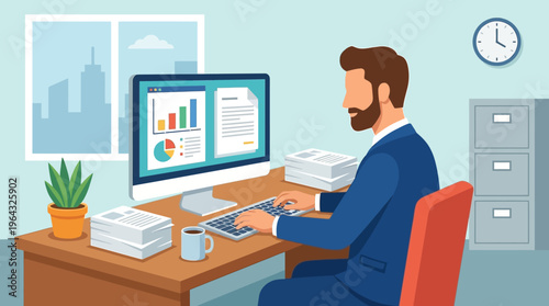 Professional working at a computer in a modern office setting with stacks of papers and data charts displayed on screen