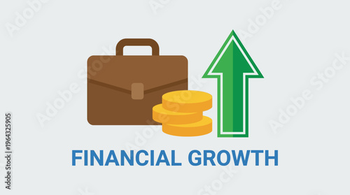Illustrative representation of financial growth, business success, and investment progress featuring a briefcase, stack of golden coins, and an upward trending arrow
