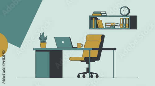 Minimalist flat design illustration depicting a modern home office environment, representing efficiency, digital work, and productive professional growth