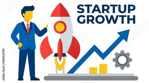 Dynamic businessman stands beside a launching rocket, illustrating a successful startup journey and accelerated business development