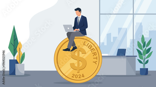 A businessman sits atop a giant golden coin with 'Liberty' and '2024' inscribed, symbolizing financial freedom and future prosperity in a modern office setting
