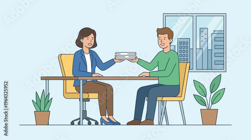 Two business professionals engaging in a positive office interaction, exchanging a package across a desk, symbolizing successful collaboration, a new partnership, or a corporate gift