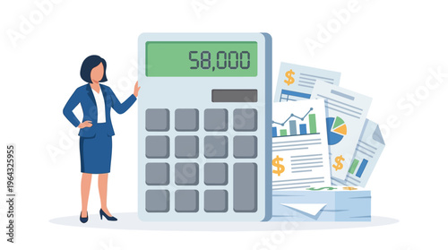 Efficient businesswoman utilizing a large calculator to process important financial data and organize various business reports for strategic planning and success