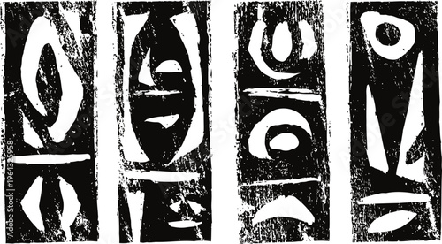 black and white abstract tribal woodblock prints with geometric and organic shapes