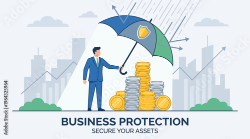 Businessman Protecting Financial Assets with a Shielded Umbrella Against Economic Risks and Market Volatility, Ensuring Wealth Preservation