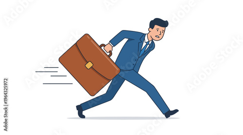 An overwhelmed professional hurrying with a large, heavy briefcase, depicting the fast-paced corporate world, deadlines, and the pressure of work