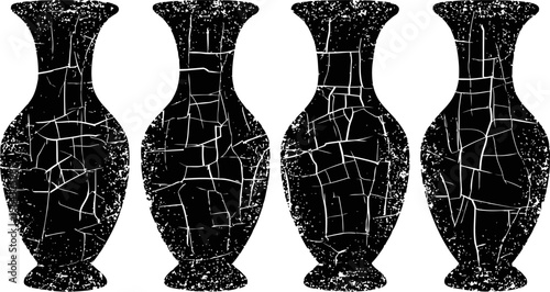 Ancient cracked vases silhouettes set four antique ceramic urn shapes with distinct crack patterns