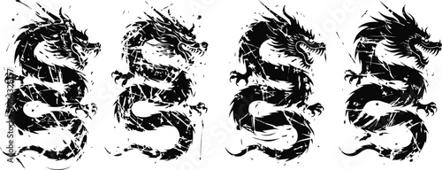 Four black ink splatter dragons in vertical row, traditional asian mythical creatures illustration