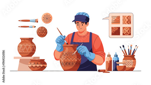 Artisan Crafting: A skilled artisan meticulously paints intricate designs on handcrafted pottery, showcasing creativity and the artistry of ceramic work.