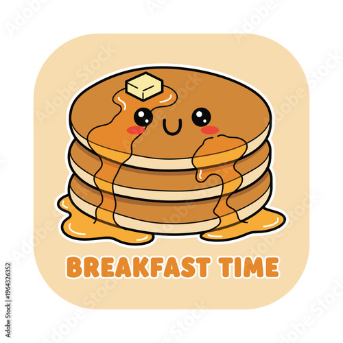 Cute Kawaii Stack of Pancakes with Butter and Syrup, Breakfast Time Cartoon