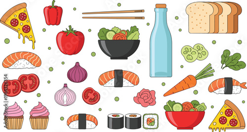 Food ingredients collection with sushi pizza vegetables bread and desserts colorful meal illustration set