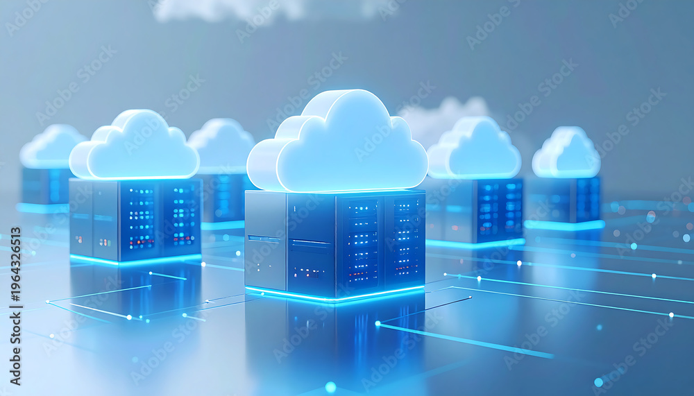Fototapeta premium Cloud computing infrastructure with interconnected servers and glowing data, symbolizing scalable digital storage, modern IT solutions, and advanced network technology