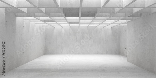 Fotografía Modern brutalism concrete room with ceiling grid with random brightness lights a
