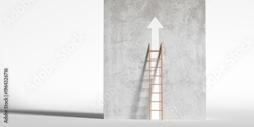 Brown stepladder leaning on concrete wall with white arrow over white background, business succes or achievement concept