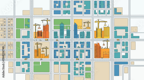 Urban Planning and City Development Illustration: Master Plan with Construction Sites, Tower Cranes, and Residential Blocks for Architectural and Real Estate Design