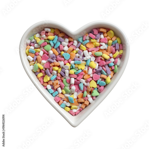 heart-shaped ceramic dish filled with colorful candy isolated on transparent background