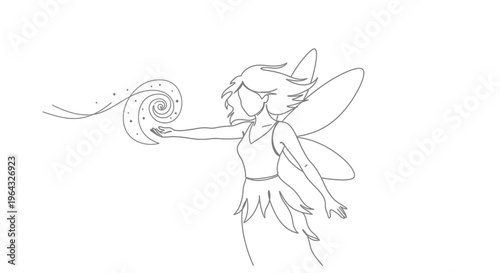Fairy casting magic spell, outline drawing, fantasy creature with wings, mystical swirl
