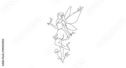 Minimalist Fairy Line Art Drawing with Wings and Nature Elements