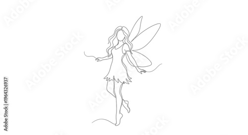 Fairy Line Drawing: Elegant Silhouette of a Winged Creature on White Background