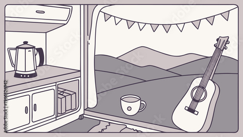 Minimalist camper van interior vector illustration, cozy van life scene with guitar and coffee, scenic mountain landscape view from motorhome window