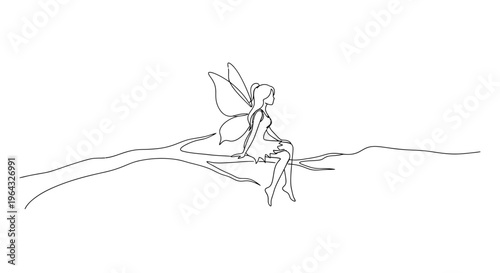 Whimsical Fairy Sitting on Branch, Delicate Line Art Illustration