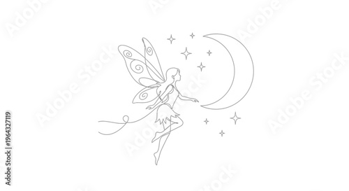Whimsical fairy with moon and stars, simple line art drawing, magical night illustration