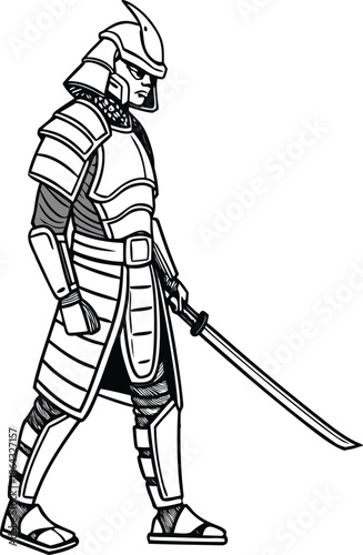 Japanese samurai warrior in traditional armor, ancient ronin fighter with katana sword vector, black and white bushido knight illustration