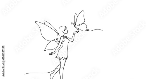 Fairy with butterfly, one line drawing, minimalist, magical creature, whimsical