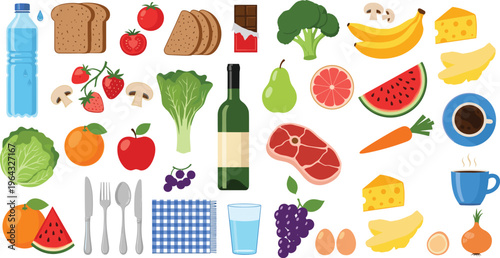 Healthy and unhealthy food set with fruits vegetables meat bread coffee and balanced diet illustration collection