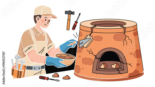 Craftsman Restoring Structure: A skilled craftsman meticulously repairs a brick structure, utilizing tools and materials to restore its integrity and craftsmanship.