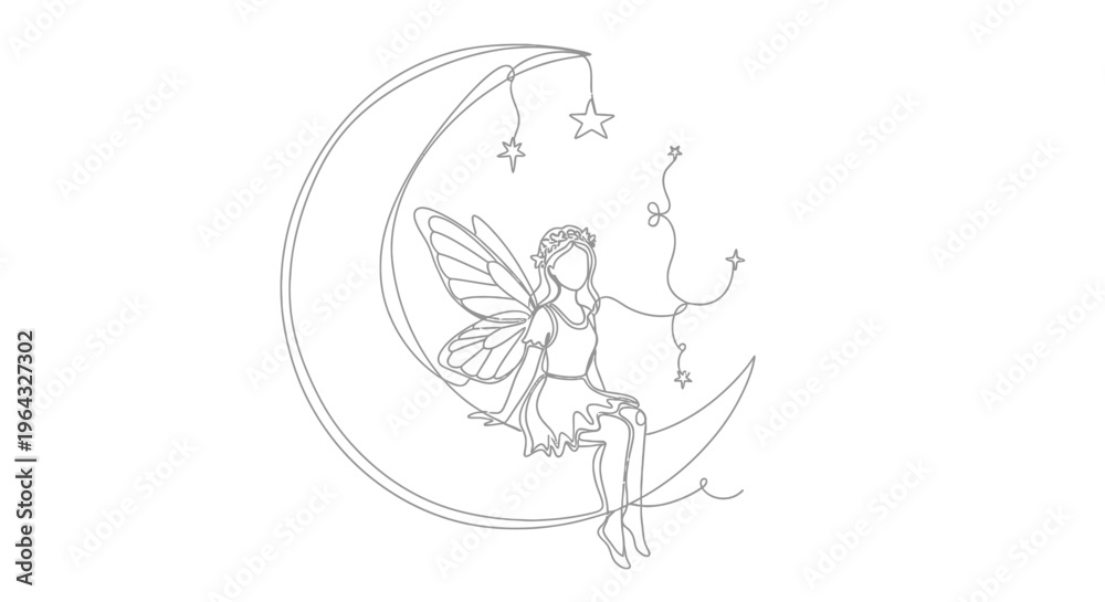 Obraz premium Fairy Sitting on Crescent Moon with Stars, Continuous Line Art