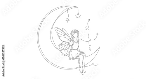Fairy Sitting on Crescent Moon with Stars, Continuous Line Art