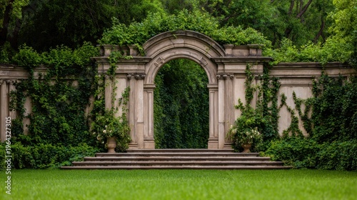 A beautifully maintained archway surrounded by lush greenery and well-manicured grass