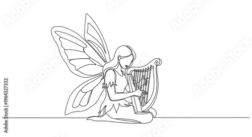 Fairy playing harp, single line drawing, fantasy, music, magic