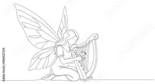 Fairy playing harp, one line drawing, fantasy music illustration