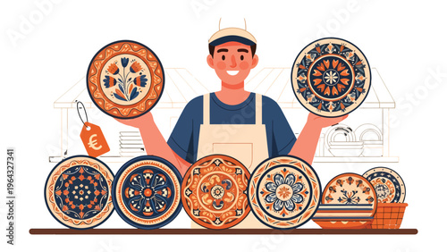 Artisan's Artistic Display: An artisan presents a captivating collection of handcrafted decorative plates. Each piece boasts unique patterns, reflecting skill and heritage.