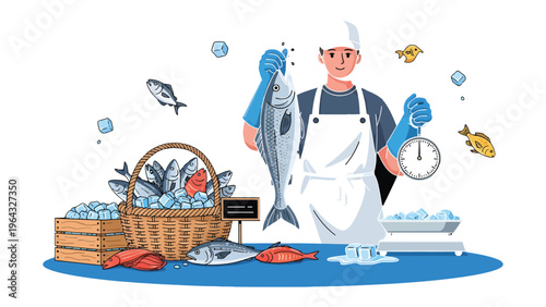 Fresh Catch: A skilled fishmonger expertly weighs a fresh, shimmering fish amidst a vibrant display of seafood, ice and supplies. A bustling scene depicting the freshest harvest.