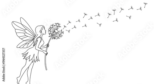 Fairy Blowing Dandelion Seeds, Fantasy Illustration, Whimsical Line Art