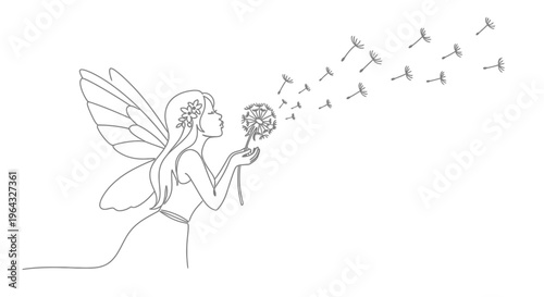 Line Art Fairy Blowing Dandelion Seeds, Whimsical Fantasy Illustration