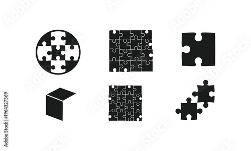 Abstract geometric shapes composed of puzzle pieces and a cube illustration