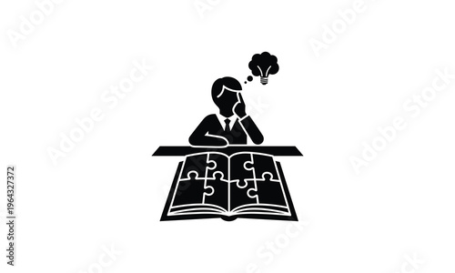 A person pondering over an open book filled with puzzle pieces seeking enlightenment