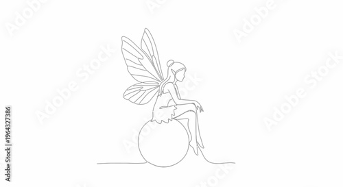 Whimsical Fairy Sitting on Sphere, Delicate Line Art Illustration