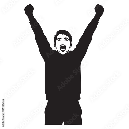 Man celebrating with arms raised silhouette of joy and success isolated on white background for spor