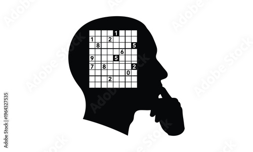 A person deep in thought solving a partially filled sudoku puzzle in their mind silhouette.