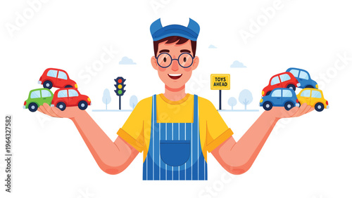 Car Salesman's Showcase: A smiling salesman, brimming with enthusiasm, presents a collection of colorful automobiles, ready to guide you on the open road.
